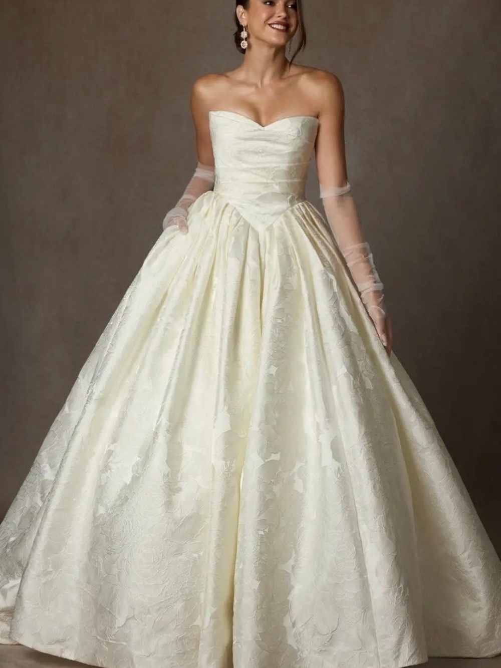 Azazie Ivory Strapless Sweetheart Ball Gown with Textured Floral Skirt